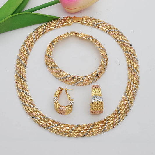 Simple Elegant Gold Color Women Jewelry Sets Necklace Earrings Bracelet Set Fashion Set Dubai Wedding Banquet Party Gifts