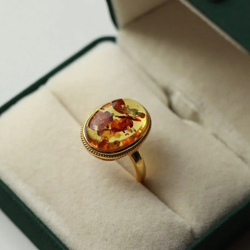 Real Natural Amber Rings Sterling 925 Silver Yellow Gold Gemstone 10*16mm for Women Lady Birthday Wedding Party Jewelry Gift