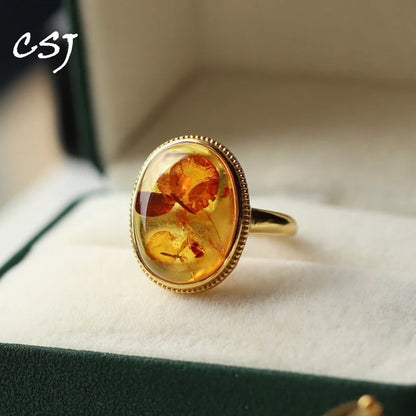 Real Natural Amber Rings Sterling 925 Silver Yellow Gold Gemstone 10*16mm for Women Lady Birthday Wedding Party Jewelry Gift